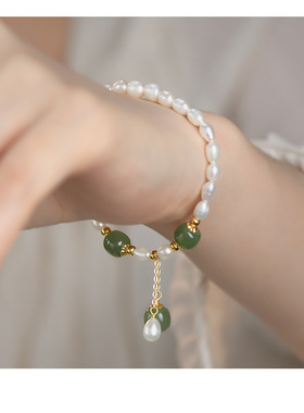 南山非遗文创设计款珍珠流苏手链女新款优雅925纯银和田玉手串