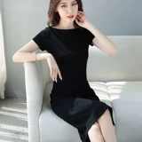 Черное летнее длинное приталенное платье, длинная юбка, короткий рукав