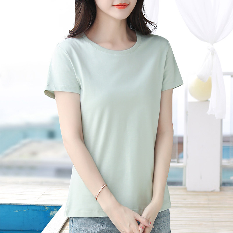 高品质纯棉t恤女浅淡抹茶绿色小圆领短袖体恤夏季弹力上衣打底衫 - 图1