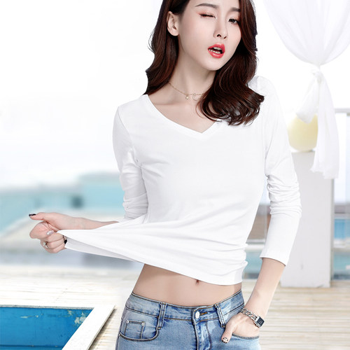 春秋新款白色v领长袖t恤女薄款弹力修身显瘦内搭打底衫纯棉上衣 - 图1