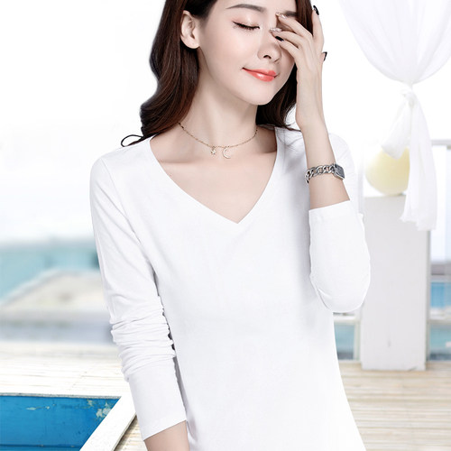 春秋新款白色v领长袖t恤女薄款弹力修身显瘦内搭打底衫纯棉上衣 - 图0