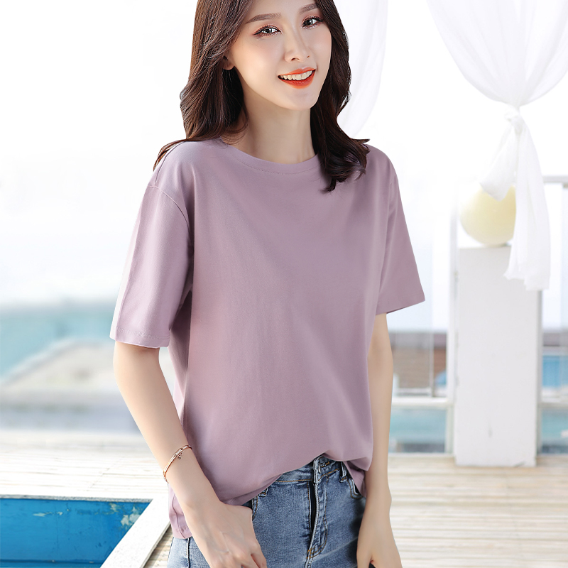紫色短袖t恤女2024夏季新款宽松显瘦休闲圆领纯色纯棉上衣打底衫 - 图2