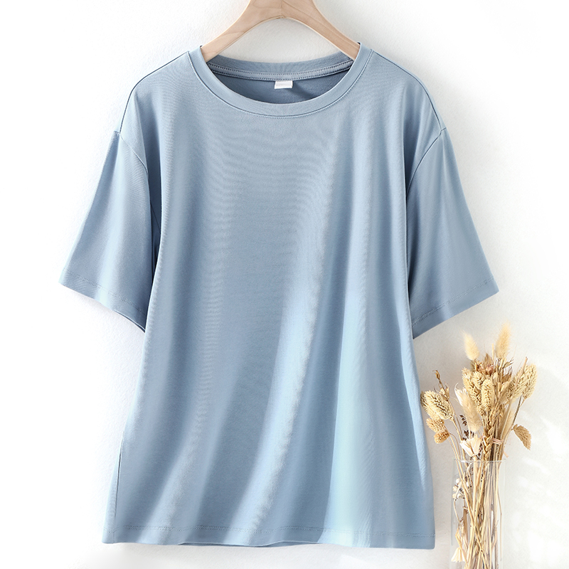 浅蓝色纯棉短袖t恤女夏季新款宽松大码遮肉百搭净版半袖体恤上衣 - 图3