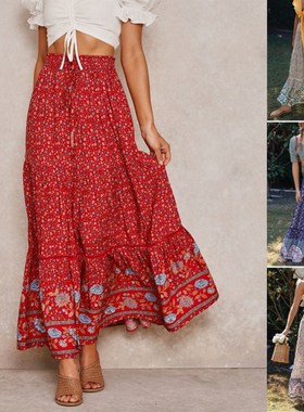 极速Women Skirt Boho High Waist A-Line Summer LoTng Skirts F