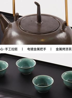 现代新中式陶瓷茶壶金属托盘摆件样板房间家居客厅玄关茶具软装饰