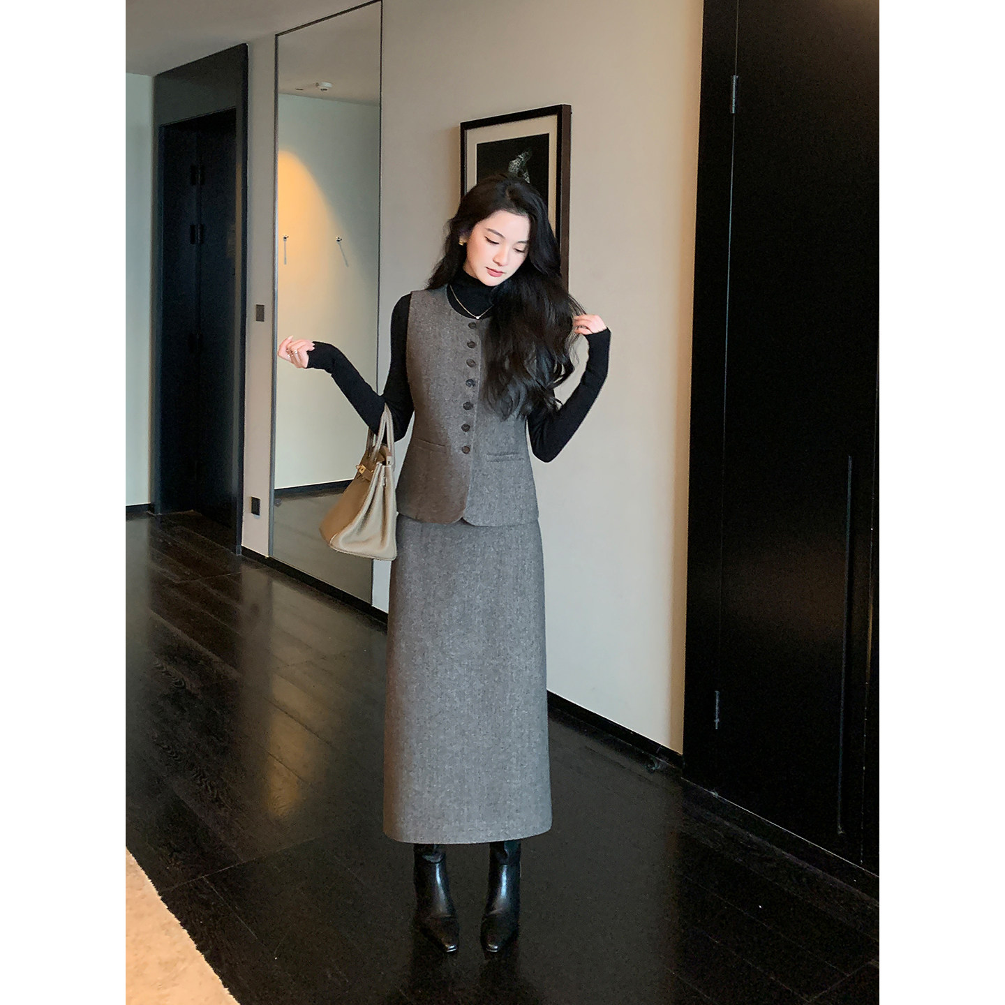 Maven Lin 云絮柔暖 质感羊毛马甲背心女毛呢直筒半身裙通勤套装,淘宝优惠券,粉丝福利购,淘宝优惠卷