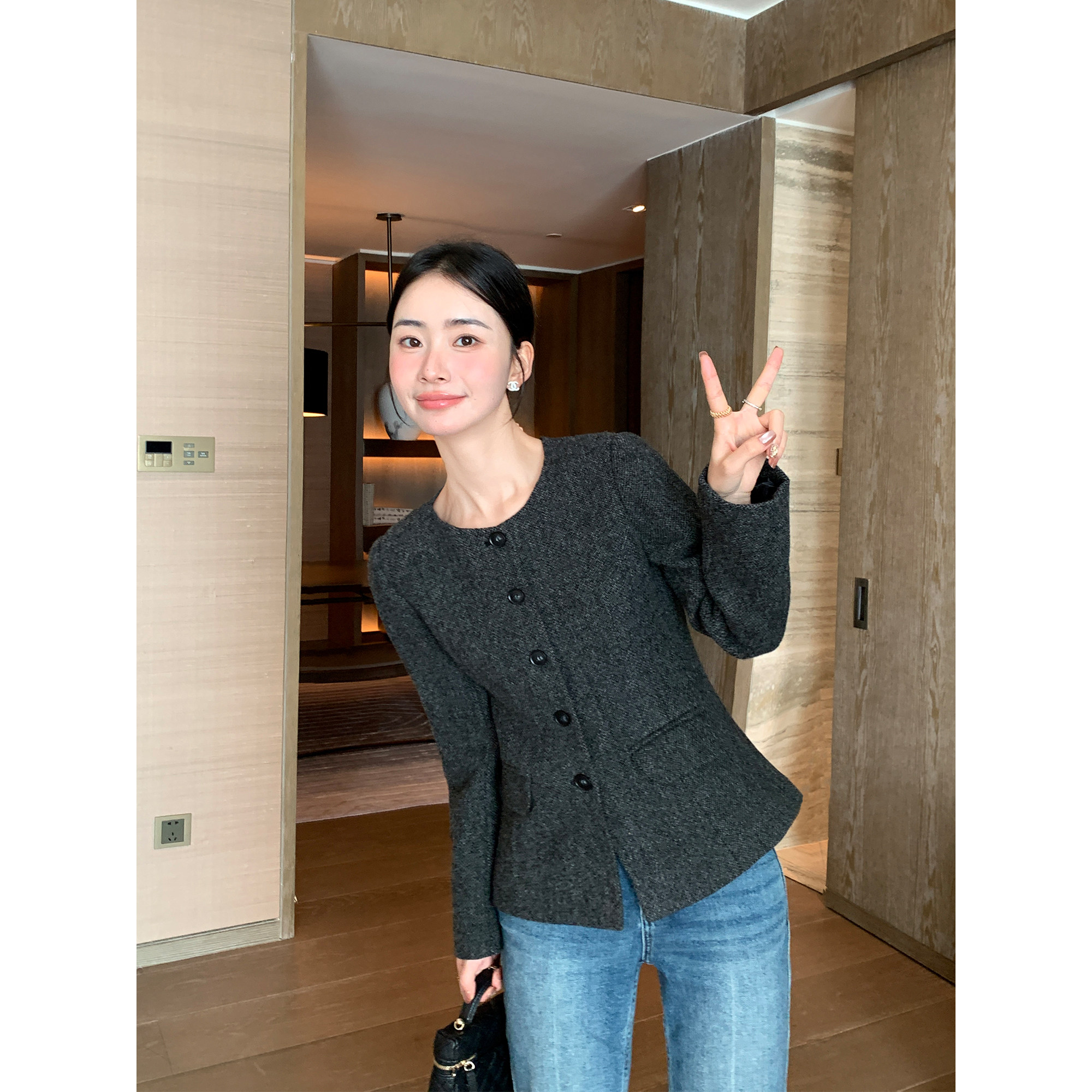 Maven Lin  贵奢老钱 小香风羊毛圆领外套女高级毛呢直筒半裙套装,淘宝优惠券,粉丝福利购,淘宝优惠卷