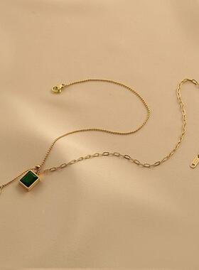 复古绿水晶吊坠可抽拉锁骨链