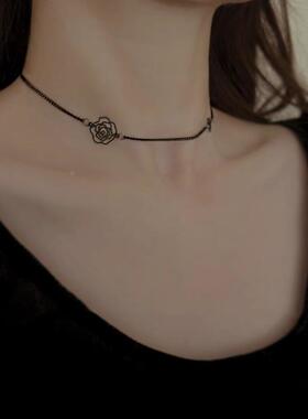 法式复古黑色玫瑰花女锁骨链