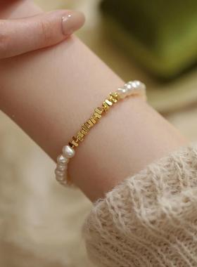 MaisonCleo复古白色珍珠手链女款小众设计气质手镯碎银子金色新款