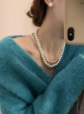 法式冷淡风双层珍珠锁骨链新款