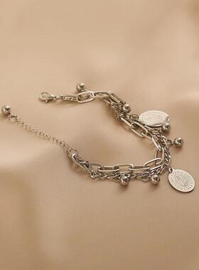 MaisonCleo椭圆牌吊坠手链女小众设计双层链条手饰嘻哈辣妹手镯潮