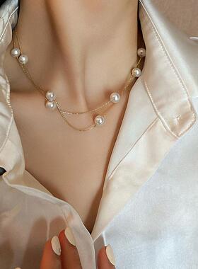 MaisonCleo双层珍珠锁骨链新款