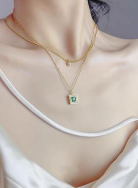 MaisonCleo双层项链个性锁骨链女2025新款绿色锆石吊坠时尚饰品