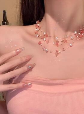 粉色天然石叠戴珍珠项链清冷感