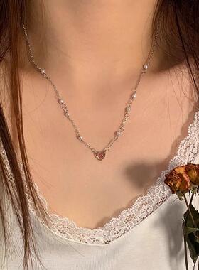 MaisonCleo粉色爱心锁骨链轻奢