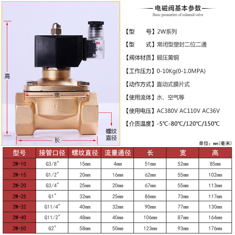 防水常闭电磁阀水阀铜开关气阀灌溉控制阀AC380V24V110V4分6分1寸 - 图0