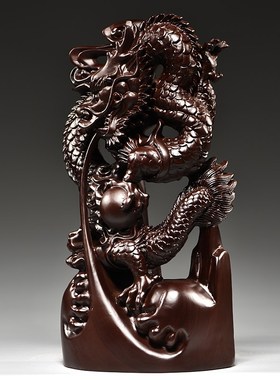 黑檀木雕龙摆件木制十二生肖红木龙家居客厅电视S柜装饰工艺品送