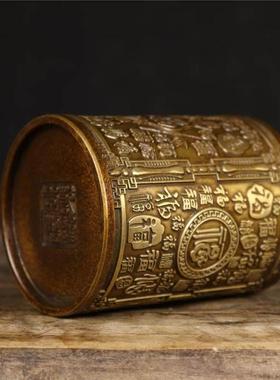 黄铜精雕百福笔筒办公室创意桌面纯铜摆件书房金属工艺品铜器