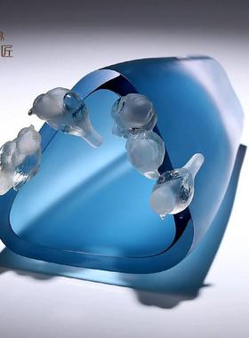 博山高端花瓶琉璃麻雀摆件水晶工艺礼品摆饰客厅餐桌面装饰摆设乔