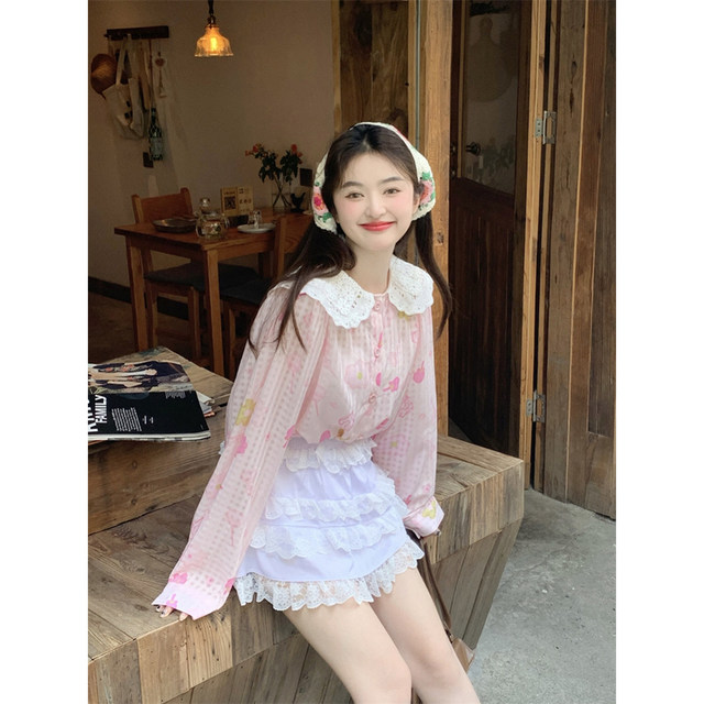 Fan Wenwen half-ripe peach lace stitching doll collar plaid shirt women's summer sweet loose long-sleeved top