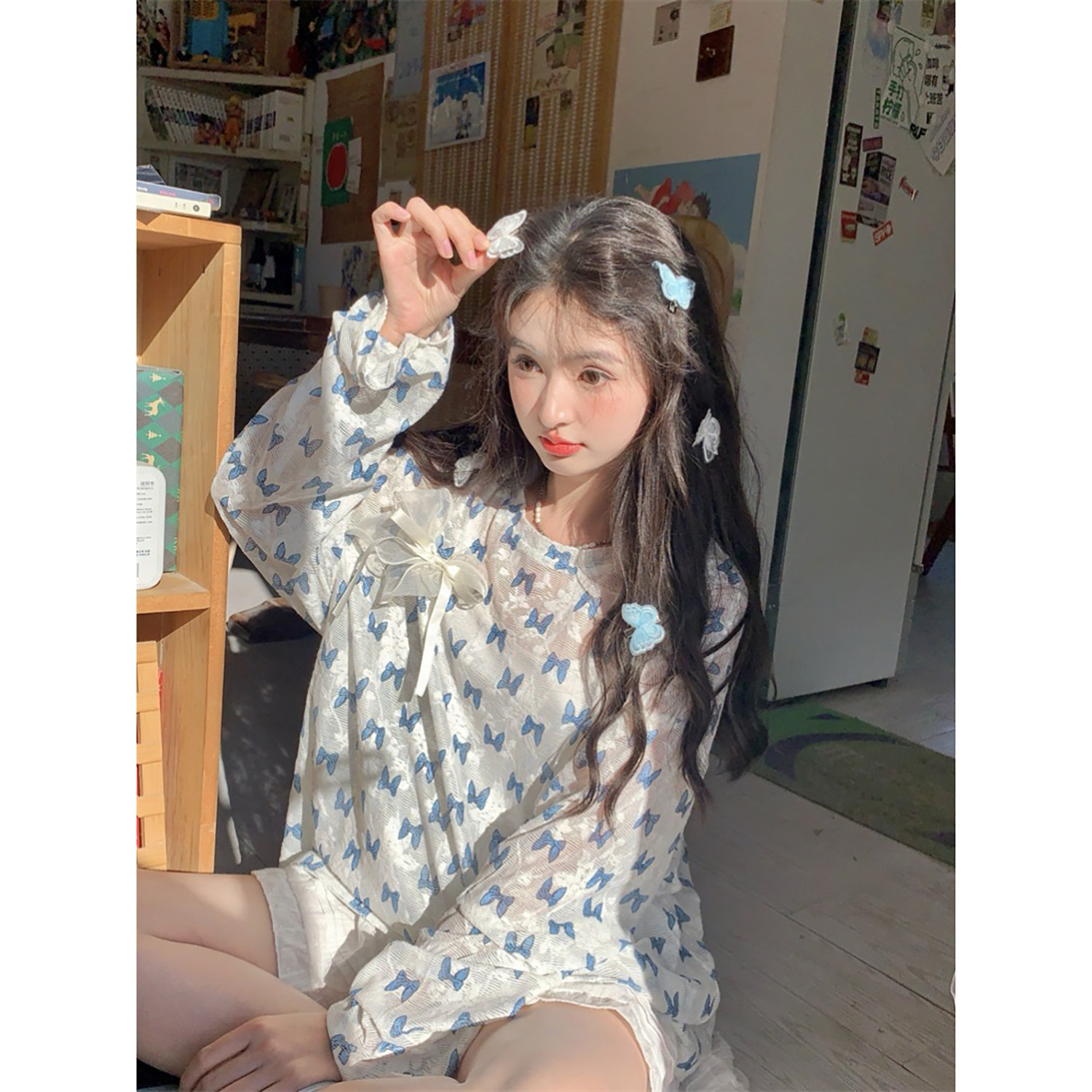 范雯雯蓝蝶花漾 薄款碎花长袖防晒衣女夏季甜美蝴蝶结宽松圆领T恤,淘宝优惠券,粉丝福利购,淘宝优惠卷