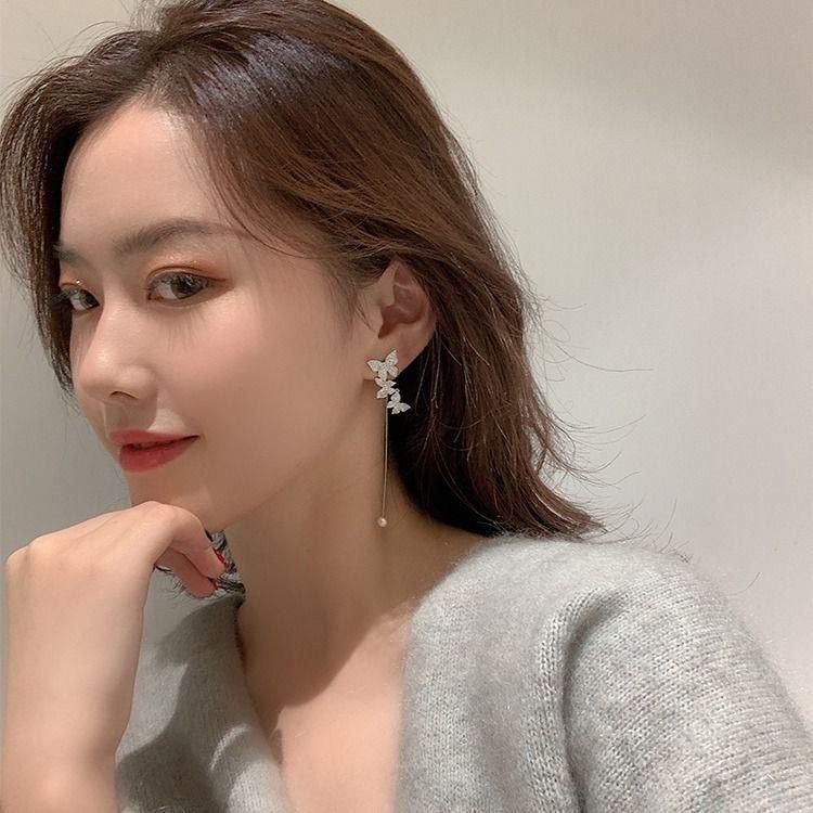 超仙女气质不对称长版流苏耳环蝴蝶耳骨夹耳骨钉复古港风法式耳饰 - 图0