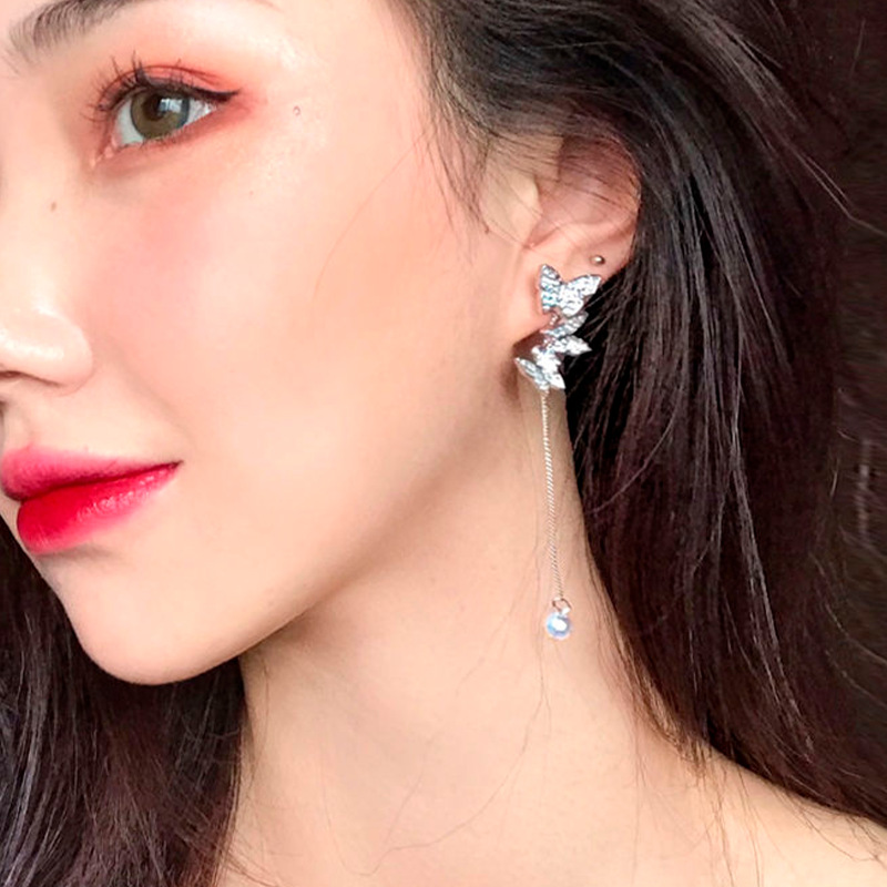 超仙女气质不对称长版流苏耳环蝴蝶耳骨夹耳骨钉复古港风法式耳饰 - 图2