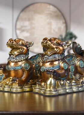 纯黄铜貔貅摆件客厅n公母一对皮丘店铺貔犰中式家居客厅书桌工艺