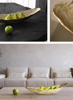 简约现代欧式轻奢锤纹金色长条形托盘摆件客厅玄关样板间软装果盘