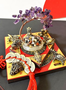 八方来财招财树聚財阵黄水晶树z铜金蟾貔貅聚宝盆客厅门店公司摆