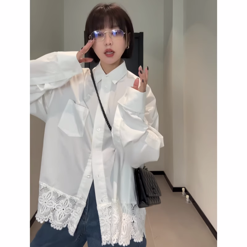 设计感蕾丝拼接白色衬衣女2025新款高级感独特短外套内搭叠穿衬衫,淘宝优惠券,粉丝福利购,淘宝优惠卷
