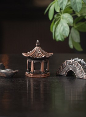 古建筑陶a瓷复古小亭子小船小桥盆景微景观水陆鱼缸造景沙盘小摆