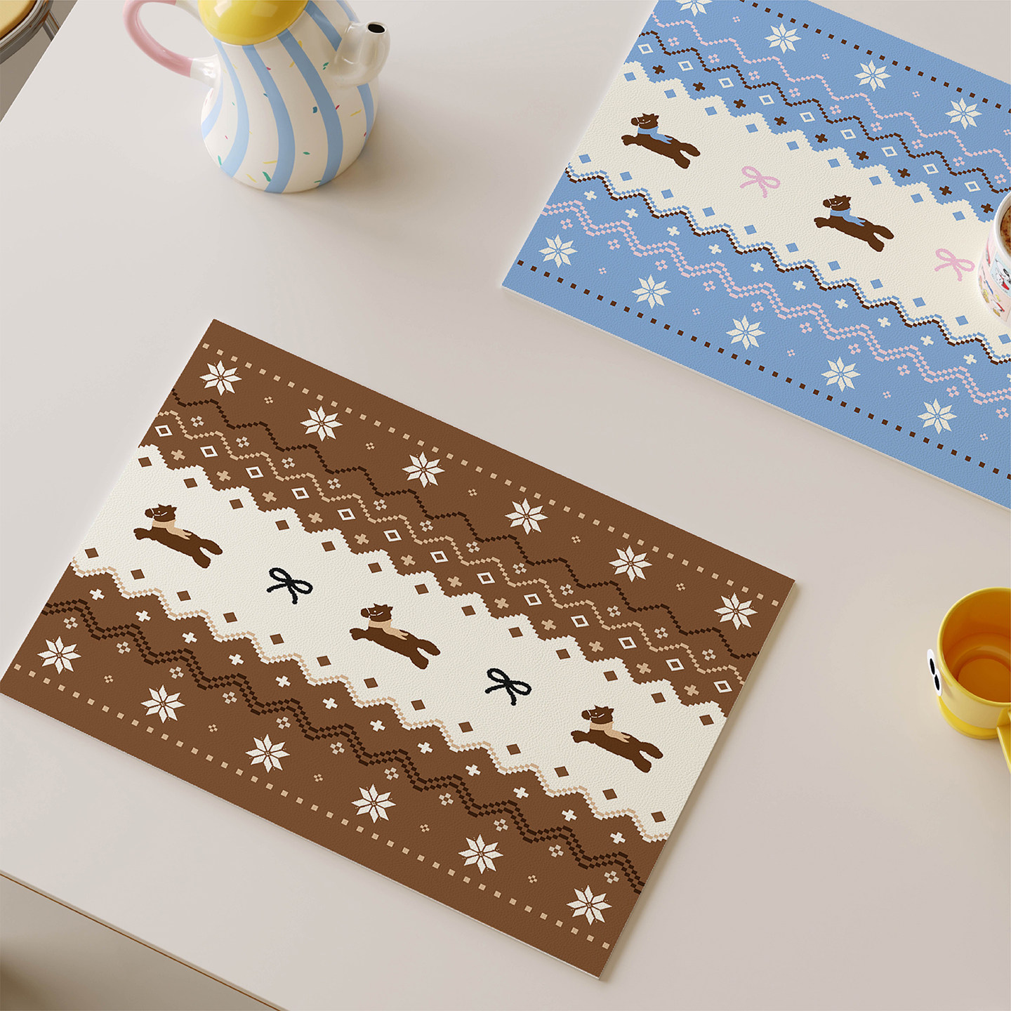 红色费尔岛新年圣诞西餐垫皮革防水防油防烫免洗高级感隔热垫杯垫,淘宝优惠券,粉丝福利购,淘宝优惠卷