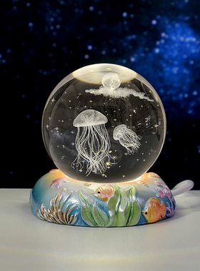 海洋海豚发光水晶球小夜灯摆件