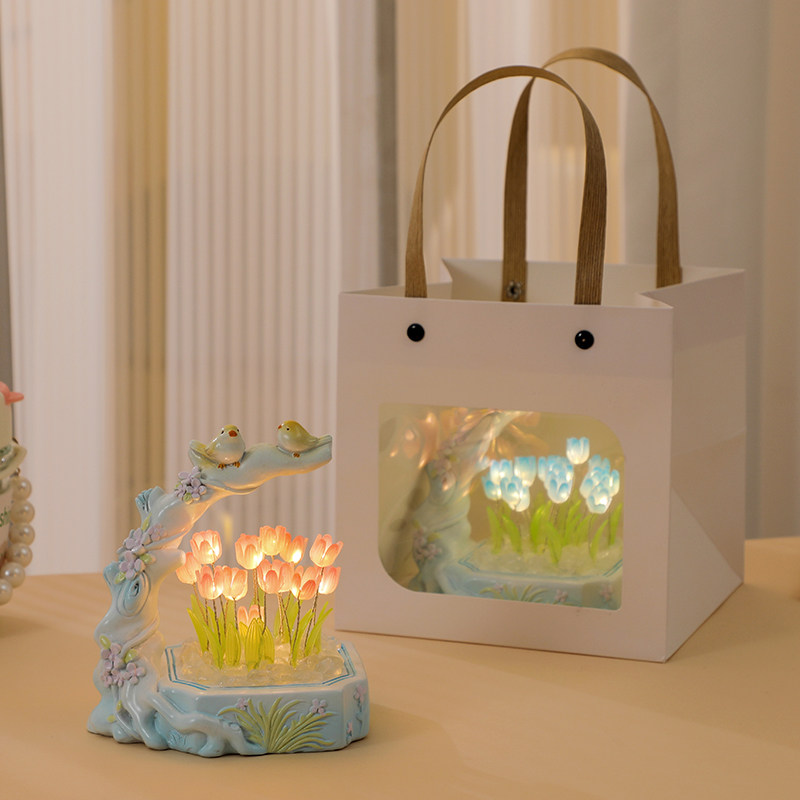 喜鹊郁金香小夜灯摆件手工diy花束生日礼物送女生闺蜜小众高级感