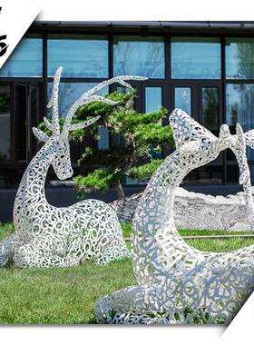 不锈钢鹿雕塑定制金属拉丝镂空几何镜面鹿园林景观户外售楼处摆件
