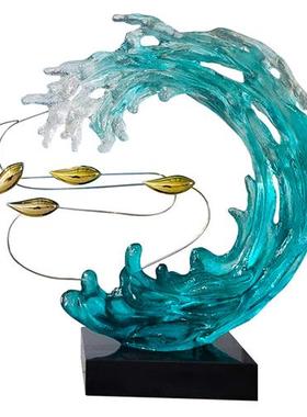 酒店样板间玄关客厅装饰品摆件现代别墅办公室透明树脂水浪花雕塑