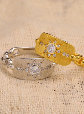 中古风星灿盾牌手工拉丝戒指新款