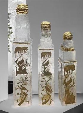 酒店大厅招财透明金箔狮子落地摆件树脂拴马桩售楼部玄关貔貅雕塑
