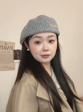 黑色女秋冬针织保暖显脸小贝雷帽