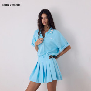 LEDIM WANG夏日休闲POLO连衣裙女蓝色皮带修身百褶裙短裙26夏新款