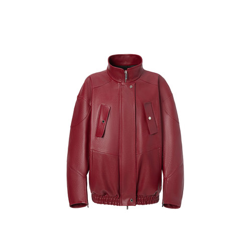 【明星同款】LEDIM WANG仿皮夹克羽绒服女新款鹅绒酒红色皮衣外套 - 图3