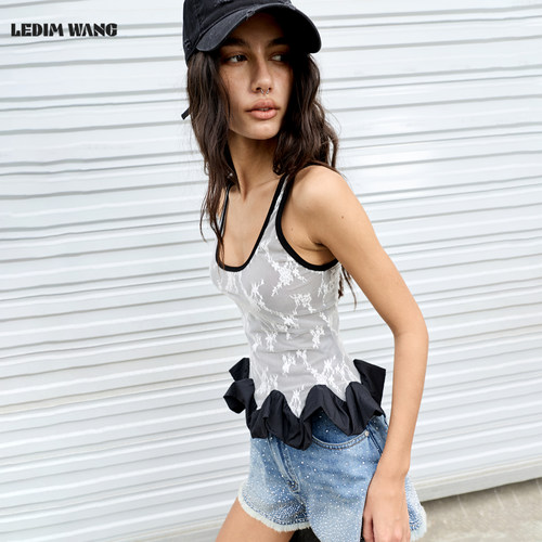 LEDIM WANG荷叶边蕾丝工字吊带背心女黑色修身外穿上衣26夏季新款 - 图3