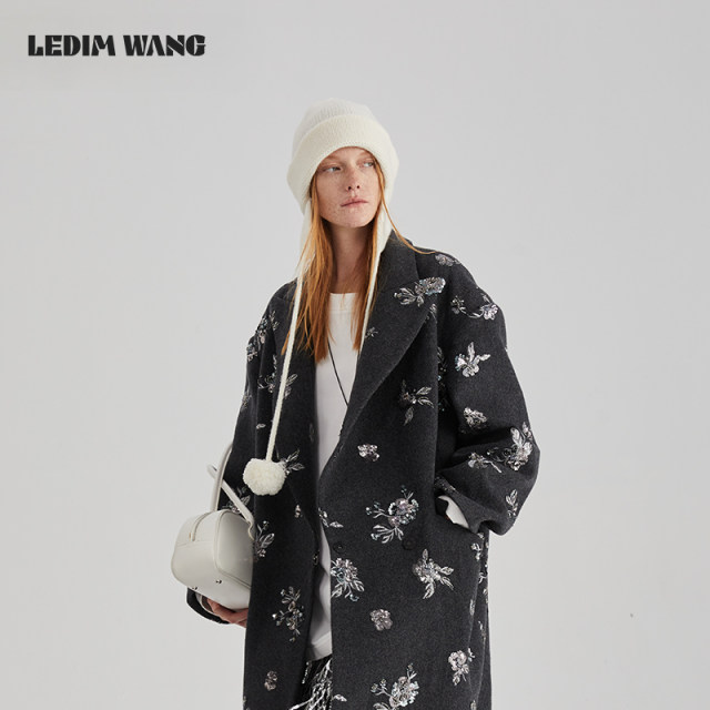 LEDIM WANG珠片重工毛呢外套女冬季新款高级感绵羊毛气质长款大衣