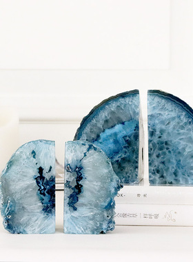 简约现代蓝色玛瑙切割书档书立书靠中号样板房书房装饰摆件