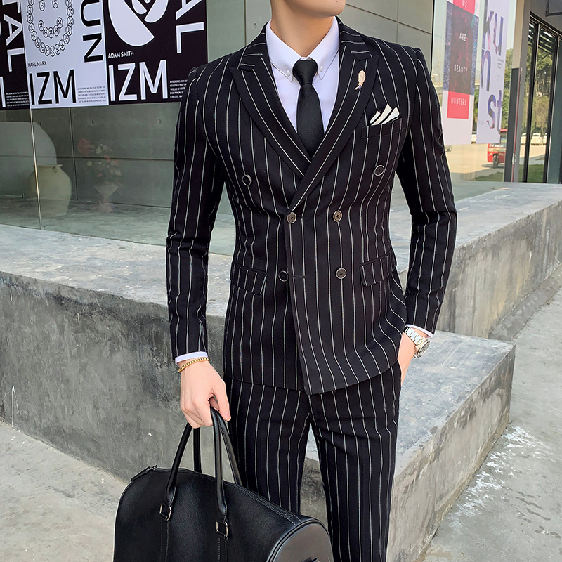 网红Luxury men's striped wedding casual tuxedo men's British - 图2