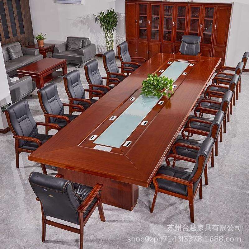 大型会议桌长桌简约现代贴实木皮烤漆长方形实木办公会议桌椅组合 - 图1