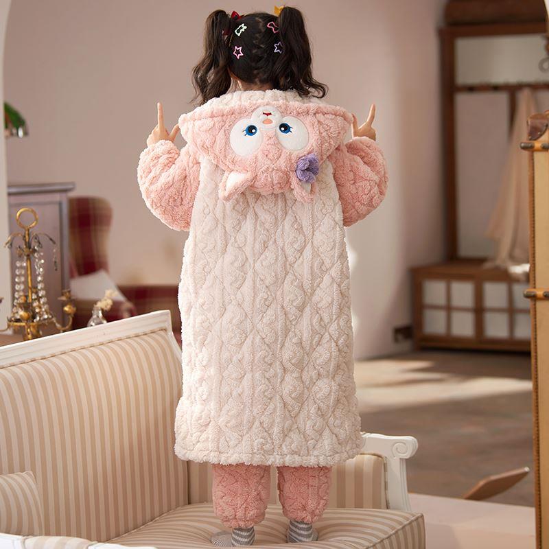 2023新款女童珊瑚绒睡衣儿童冬季法兰绒三层夹棉加厚女孩长款睡袍