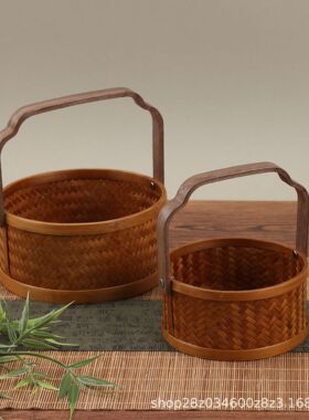 中式手工竹编篮子桌面摆件手提篮水果篮茶点盘茶具茶盘收纳盒编织